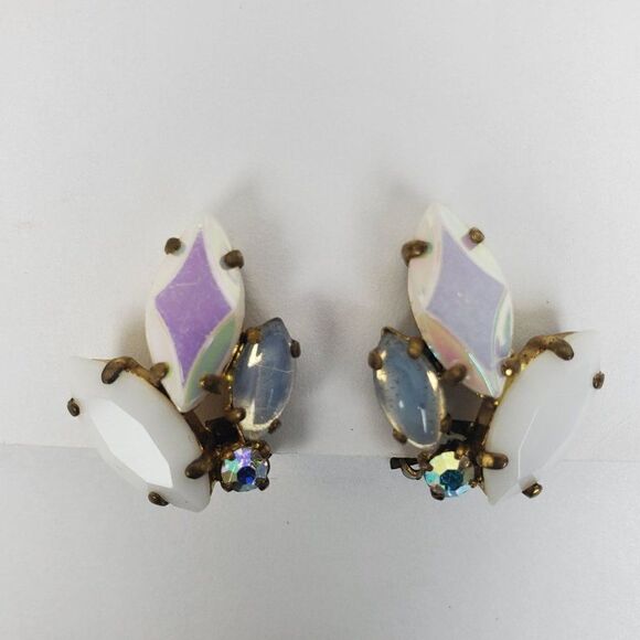 Vintage West Germany White Clear AB Crystal Rhinestone Glass‎ Clip On Earrings - Picture 6 of 12